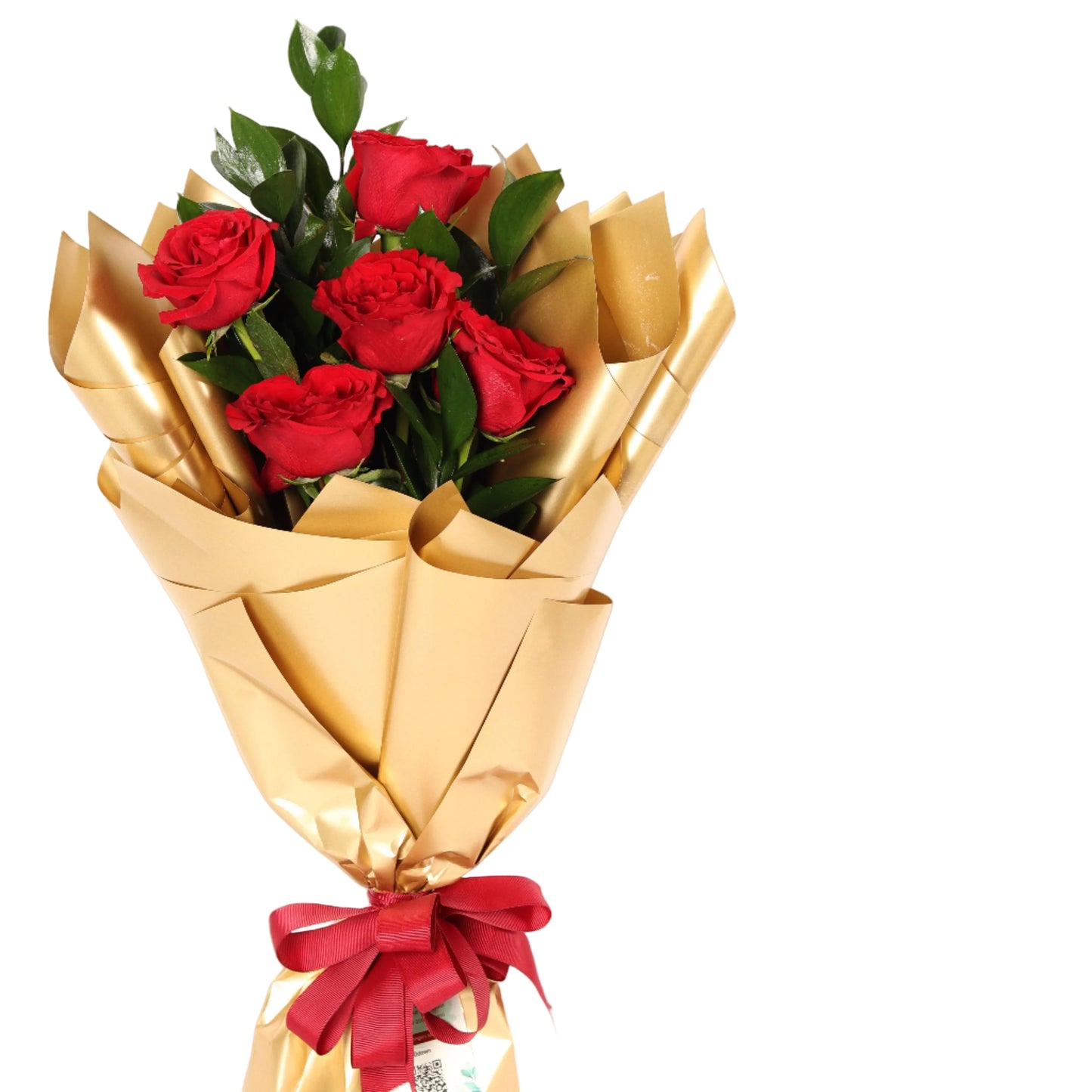 Elegant bouquet of 5 red roses wrapped in golden paper. A perfect romantic gift with fast delivery in Dubai.