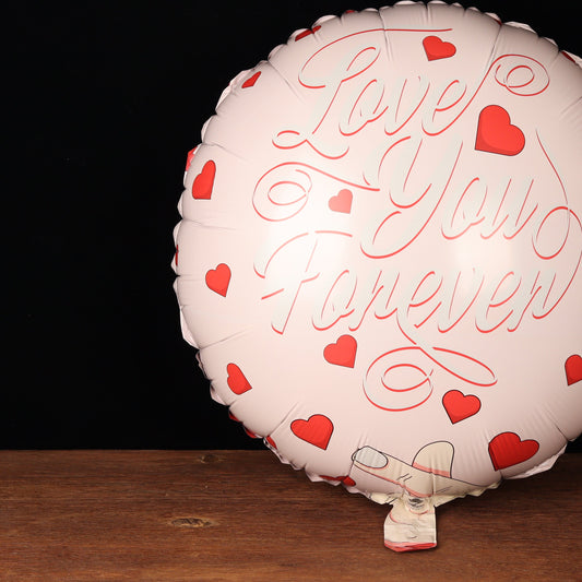 White Love You Forever balloon printed with red hearts