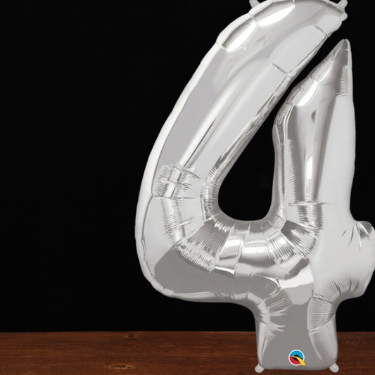 Close view of the giant silver number 4 foil balloon