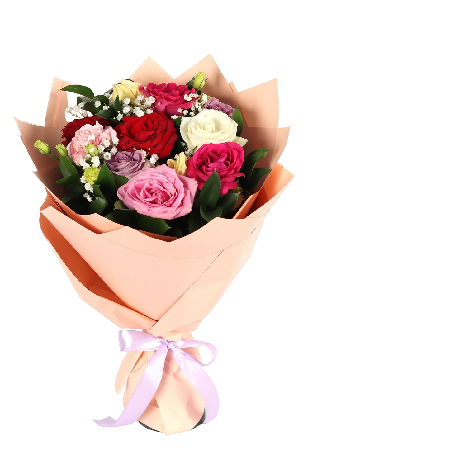 بوكيه فاخر من الزهور الطبيعية بألوان زهري، أبيض، بنفسجي، أحمر وفوشي. تنسيق أنيق مع توصيل سريع داخل دبي.