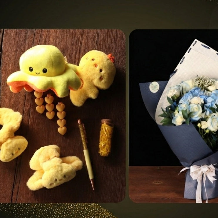 Blue Blooms & Accessories Offer – blue bouquet with hairband, hair clips and pen, alternate view