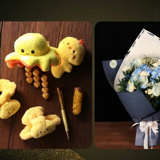 Blue Blooms & Accessories Offer – blue bouquet with hairband, hair clips and pen, alternate view