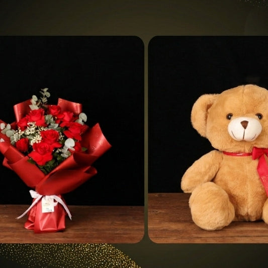 Red Roses & Teddy Offer – hand-tied red roses and brown plush bear, alternate view