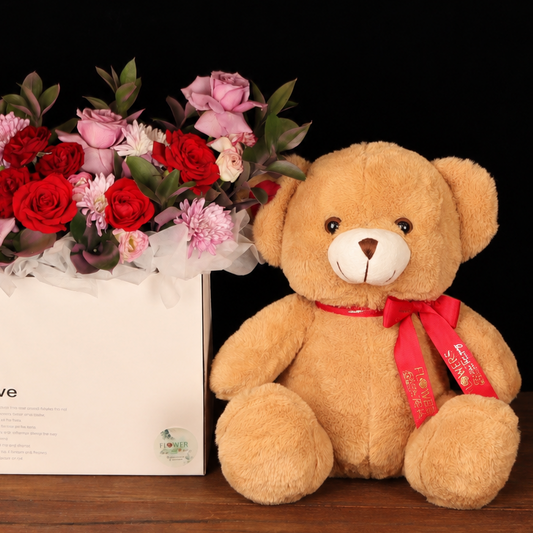 Birthday Blooms & Teddy Set – white flower box with red roses, peach statice and teddy, alternate view