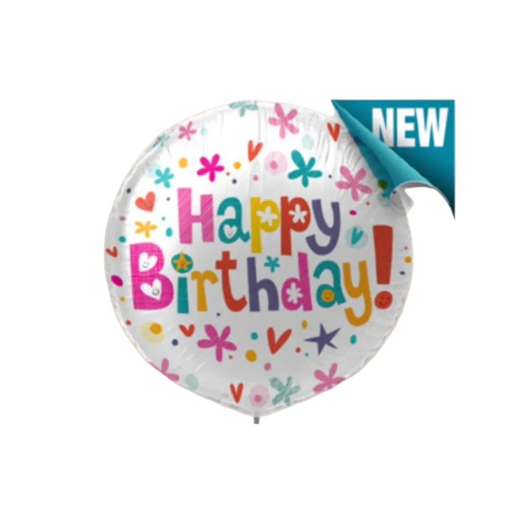 A pure white helium balloon decorated with the phrase "Happy Birthday" in bright, cheerful colors. Perfect for bringing joy and festive vibes to any birthday celebration, for both kids and adults. Delivered fully inflated and ready to float – an ideal addition to flower bouquets or party décor.