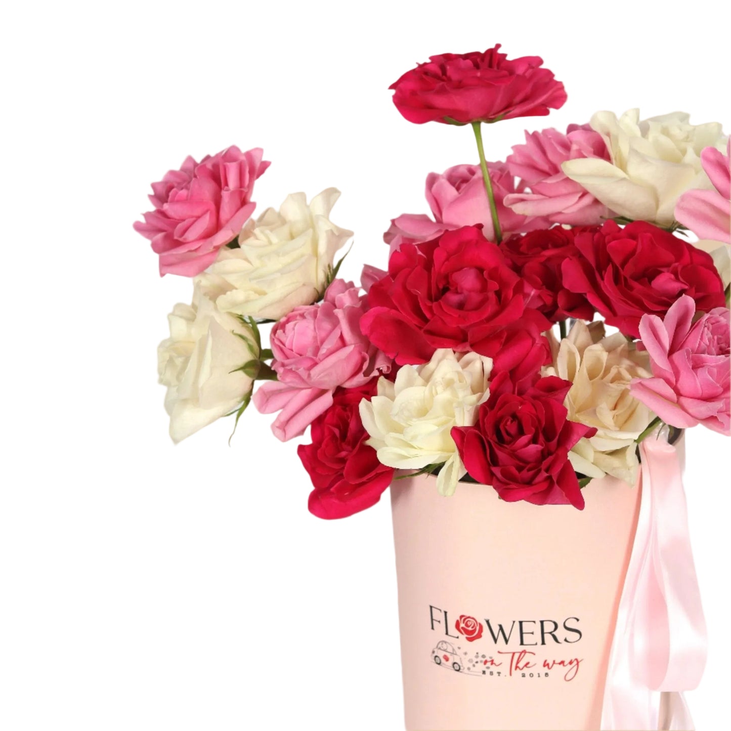 A stylish pink flower box filled with a delicate mix of white, soft pink, and fuchsia roses — a vibrant expression of femininity and elegance. Perfect for romantic gifts, birthdays, or simply saying “you’re special” with a refined floral touch