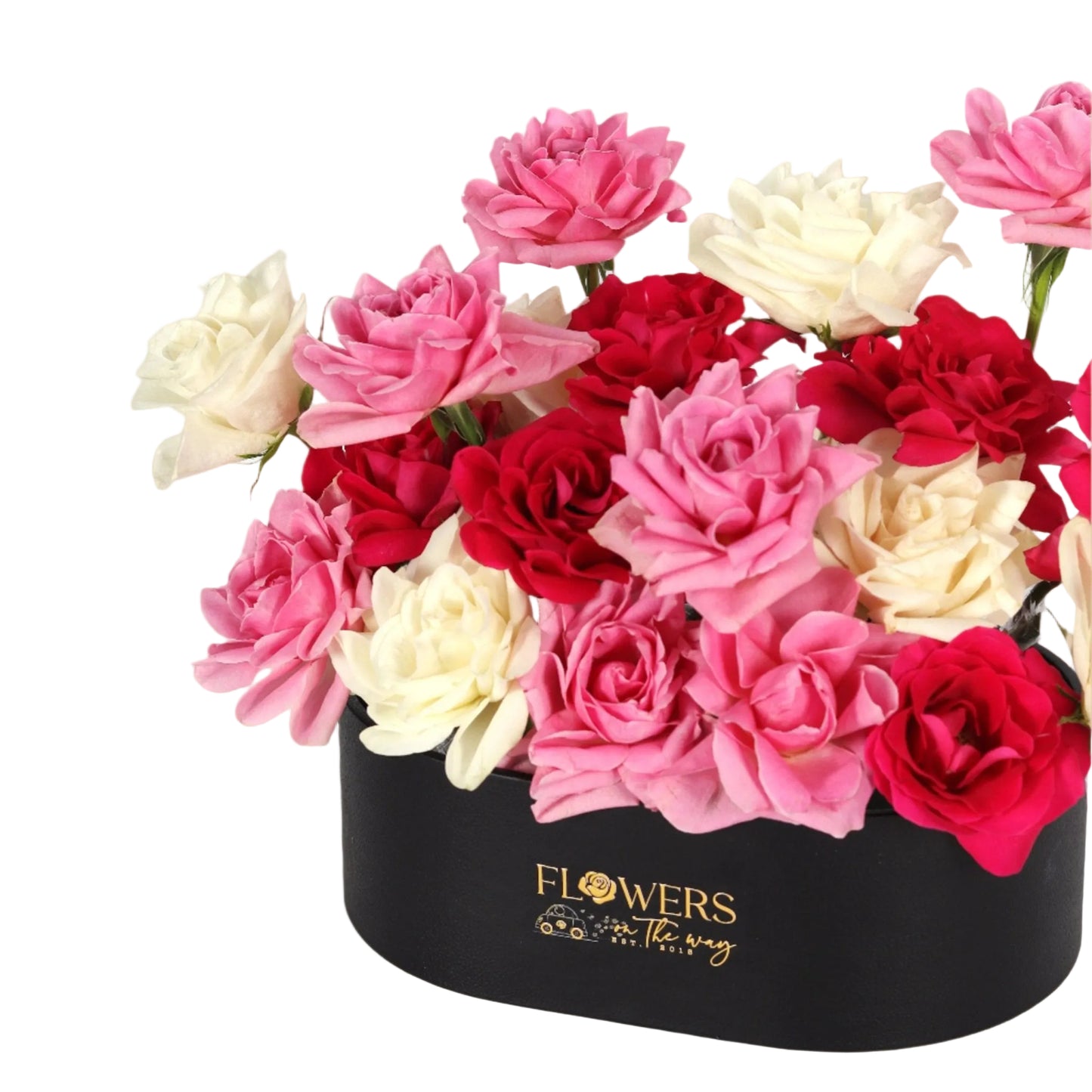 A luxurious black box filled with a delicate mix of white, pink, and fuchsia roses — artfully arranged to express femininity and elegance. The perfect gift for birthdays, special celebrations, or refined romantic gestures.