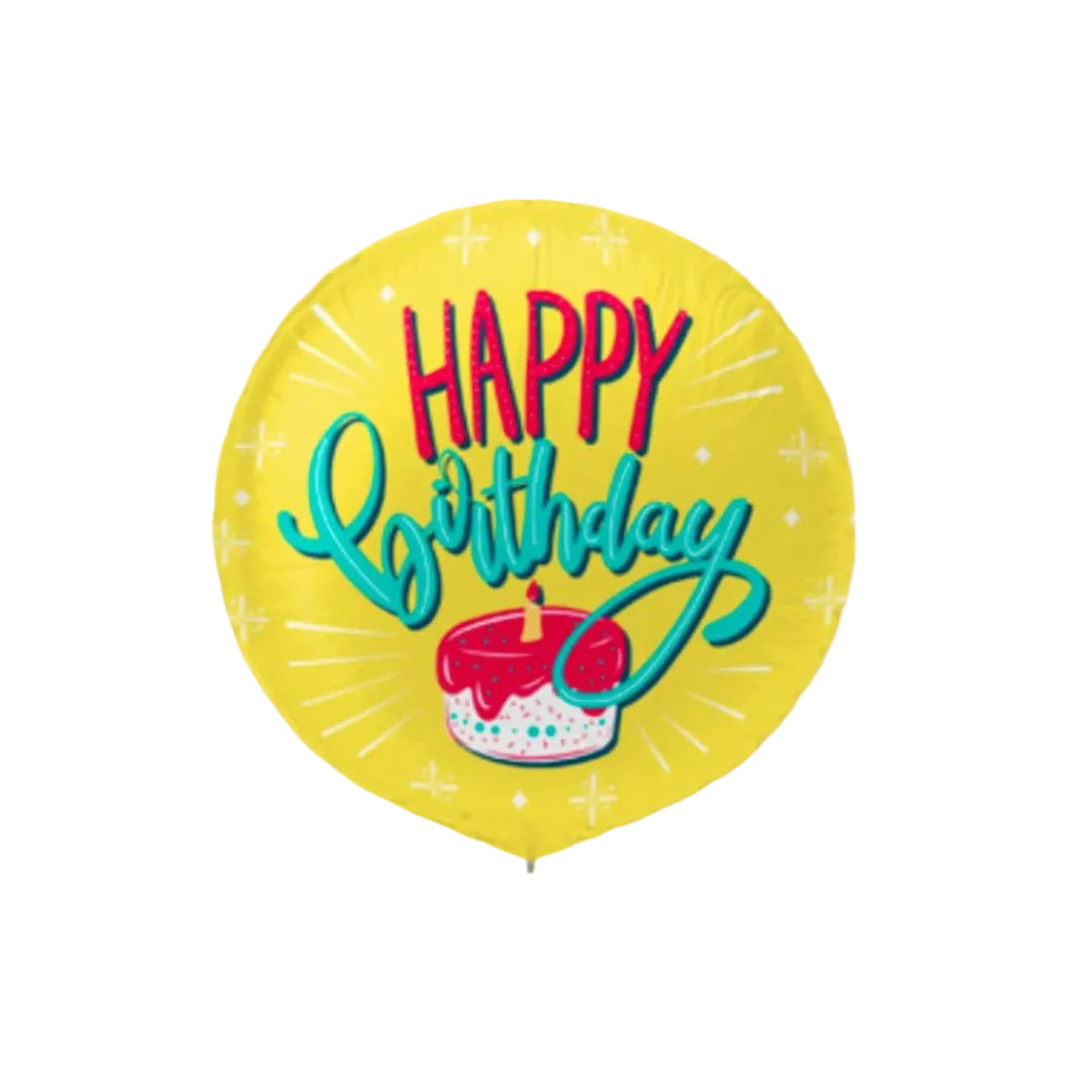 A cheerful yellow helium balloon printed with “Happy Birthday” and a cute cake illustration – the perfect touch for birthday celebrations. Delivered fully inflated and ready to float, ideal as a gift or paired with flowers and cake.