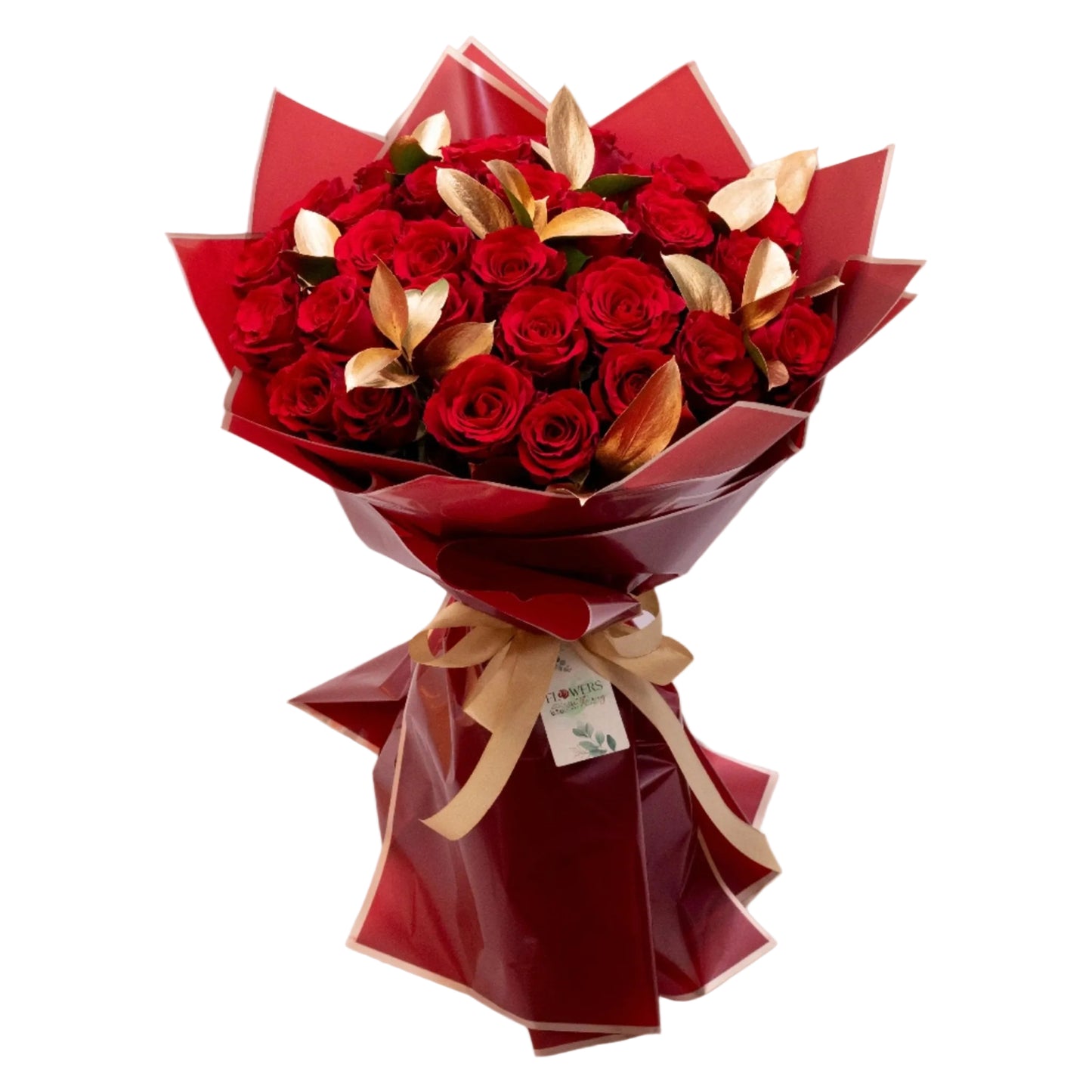 Where red passion meets golden elegance — Sparkle of Love is a luxurious bouquet of red roses adorned with refined golden touches, adding a regal flair to every petal. Perfect for romantic gifts, special occasions, or expressing your love in an unforgettable way. Available with fast flower delivery in Dubai.