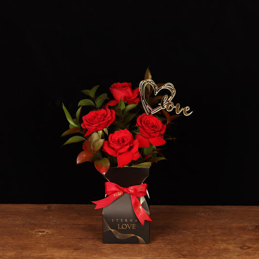 Golden Heart – red roses in dark box with gold heart topper, alternate view, Valentine's Day flower delivery Dubai
