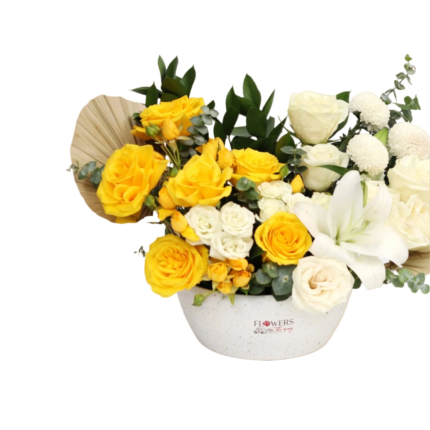 A refined white box filled with a vibrant floral medley: yellow roses, white roses, white baby roses, graceful lilies, and fresh chrysanthemums. A joyful and elegant gift that speaks of purity, peace, and happiness — perfect for celebrations, congratulations, or thoughtful gestures.