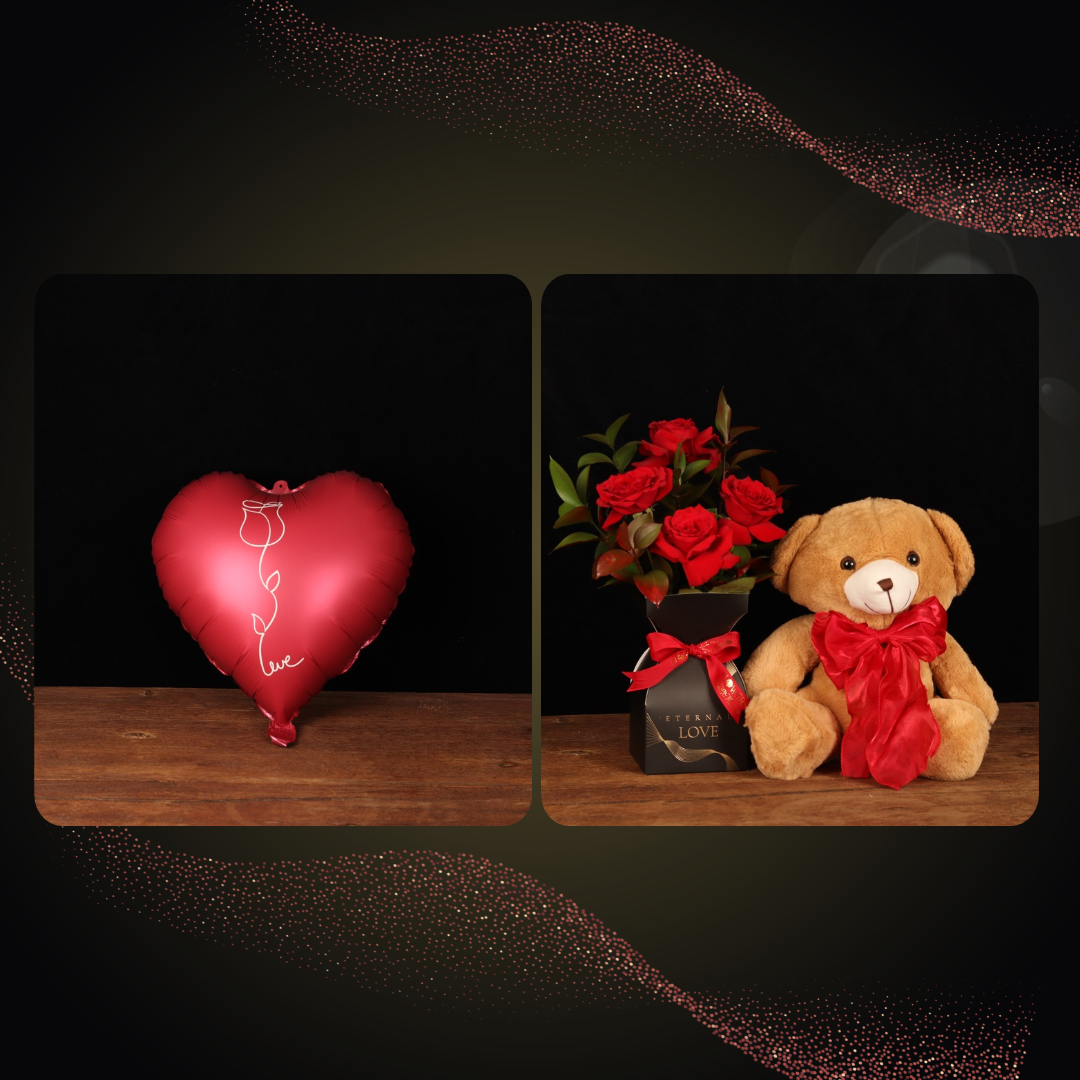 Eternal Love Teddy & Balloon Set – red roses in black box with teddy bear and red heart balloon, Dubai
