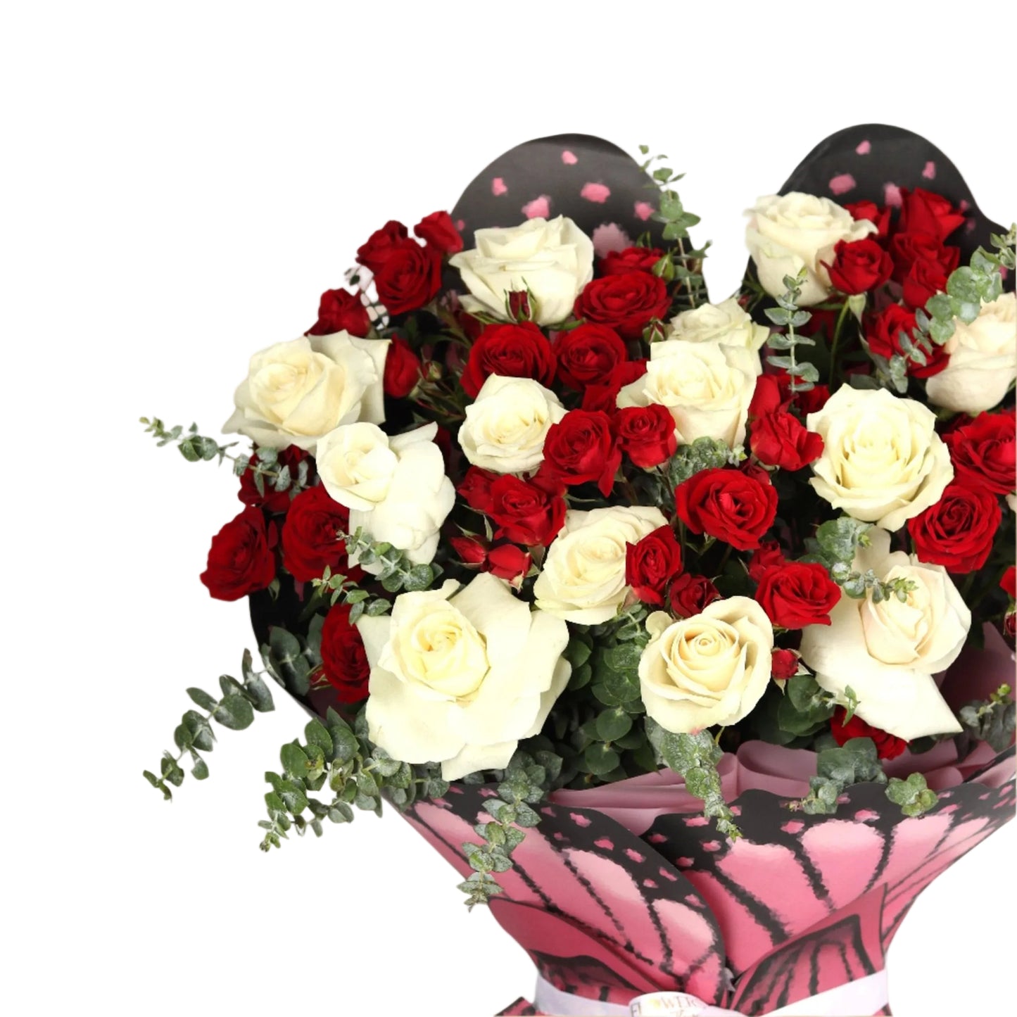 A captivating butterfly-shaped bouquet crafted with fresh white roses and delicate red baby spray roses — blending purity with passion in an elegant, feminine design. Perfect for romantic gifts, special moments, or as a graceful surprise.