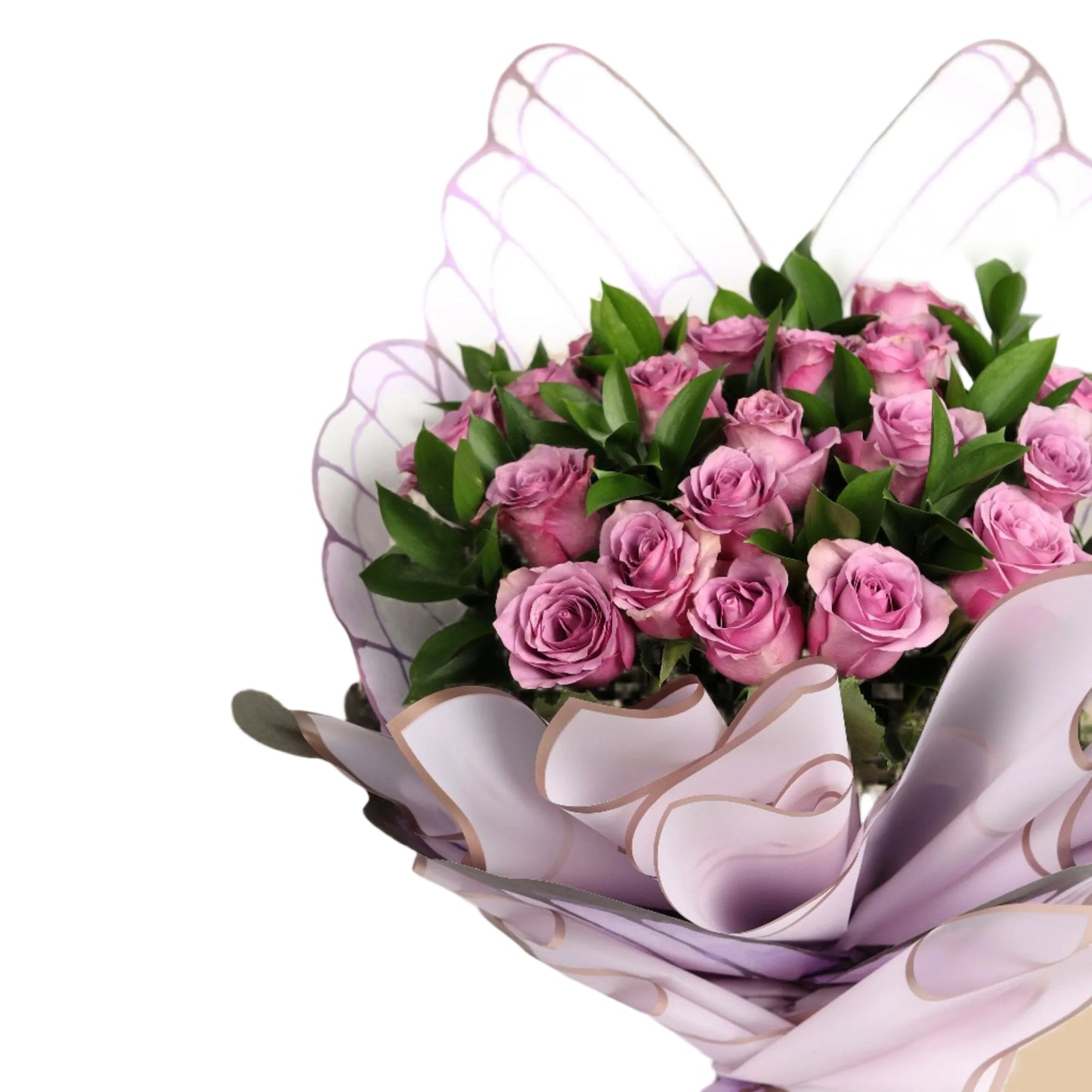 A one-of-a-kind butterfly-shaped bouquet crafted with fresh purple roses, designed to embody grace, beauty, and freedom. This artistic arrangement makes a stunning gift for birthdays, graduations, or dreamy romantic surprises.