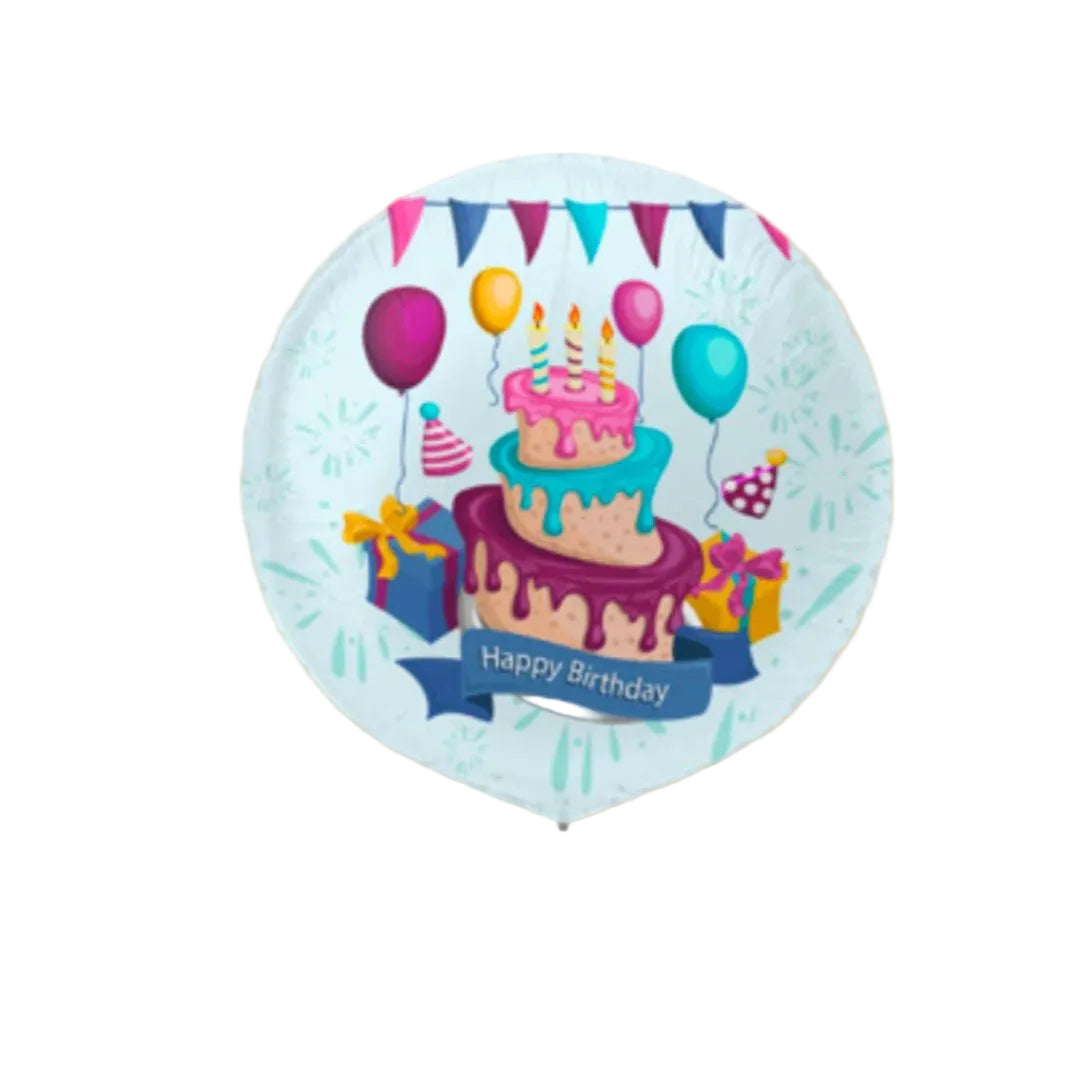 A stylish blue helium balloon decorated with a cake illustration and “Happy Birthday” message – perfect for creating cheerful birthday vibes. Delivered fully inflated and ready to float, it pairs beautifully with flowers or gifts.