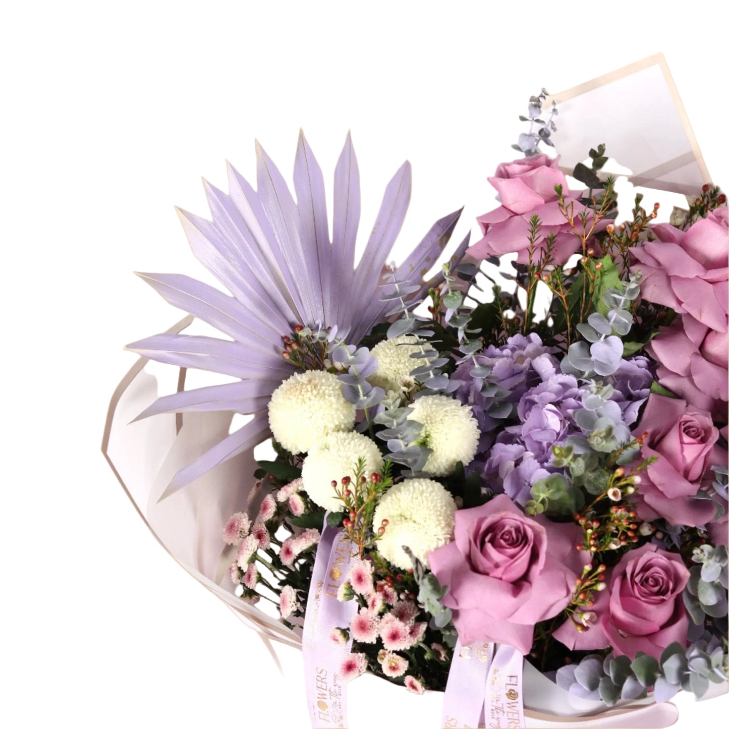 A luxurious large-sized bouquet featuring an elegant blend of purple roses, white ping pong chrysanthemums, and purple hydrangeas – artistically arranged to evoke sophistication, mystery, and romance. A perfect floral statement for weddings, anniversaries, or upscale gifting.