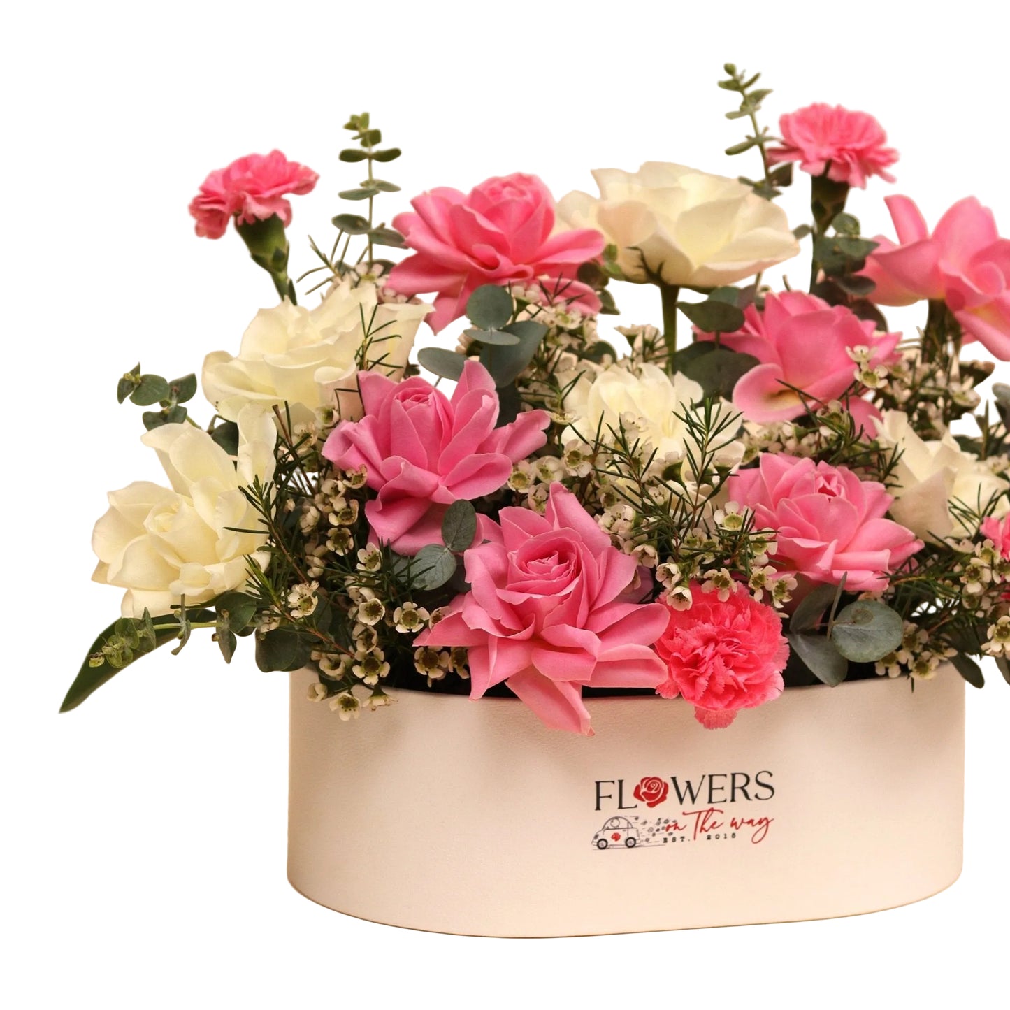 A harmonious arrangement of soft pink roses or carnations blended with pristine white blooms, radiating gentle charm and romantic elegance. Perfect for expressing love and warmth on any special occasion.