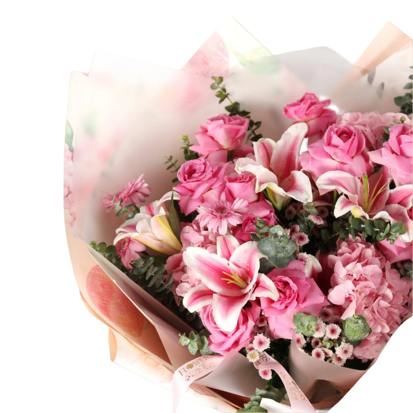 An opulent large-sized bouquet featuring a lush blend of pink roses, pink lilies, and pink hydrangeas – beautifully arranged for an elegant and feminine floral statement. Ideal for engagements, weddings, or as a luxurious gift to make a lasting impression.