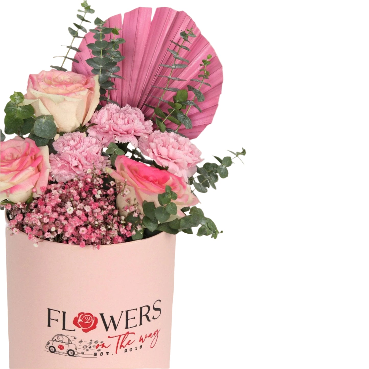 A soft pink box with a simple and elegant design, filled with delicate pink roses, baby pink gypsophila, and matching soft pink accessories. This graceful arrangement is perfect for gentle celebrations like baby showers, birthdays, or a sweet romantic
