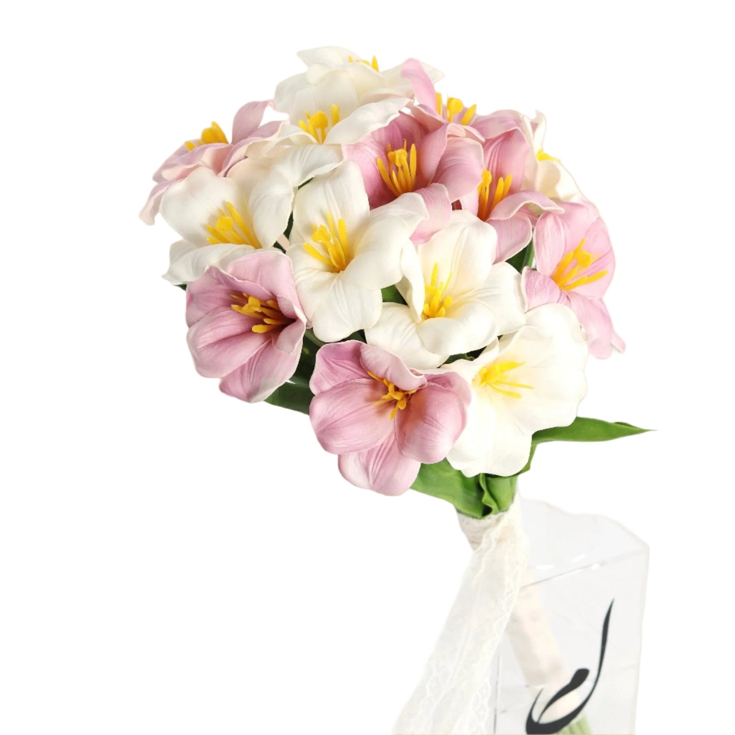 A graceful bridal bouquet featuring white and purple tulips in a soft, elegant arrangement. Perfect for the dreamy bride seeking a unique and refined floral touch for her special day.