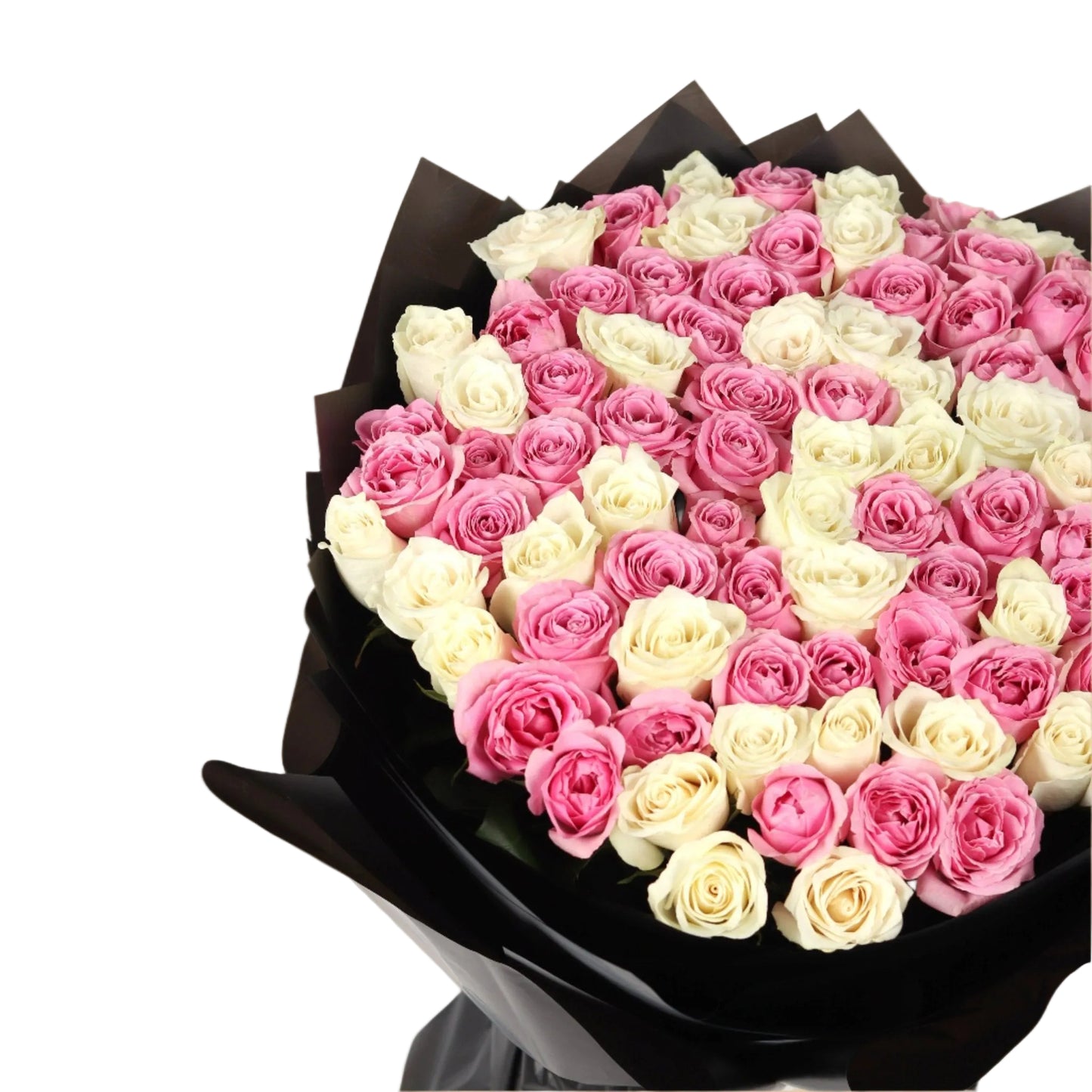 100 fresh roses in elegant shades of white and pink, hand-arranged in bold black wrapping for a luxurious look. A timeless floral gift perfect for romantic occasions, birthdays, anniversaries, or grand gestures of love.