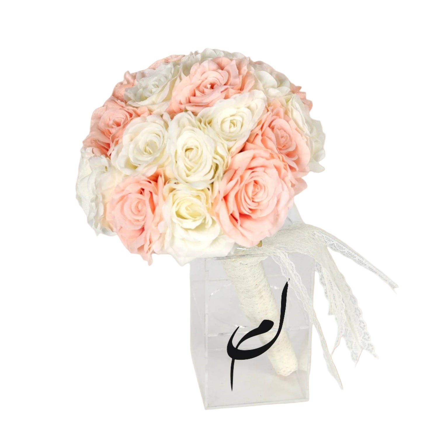 A timeless artificial bridal bouquet crafted with elegant white and peach roses. Designed to bring lasting beauty and a soft, romantic charm to the bride’s special day.