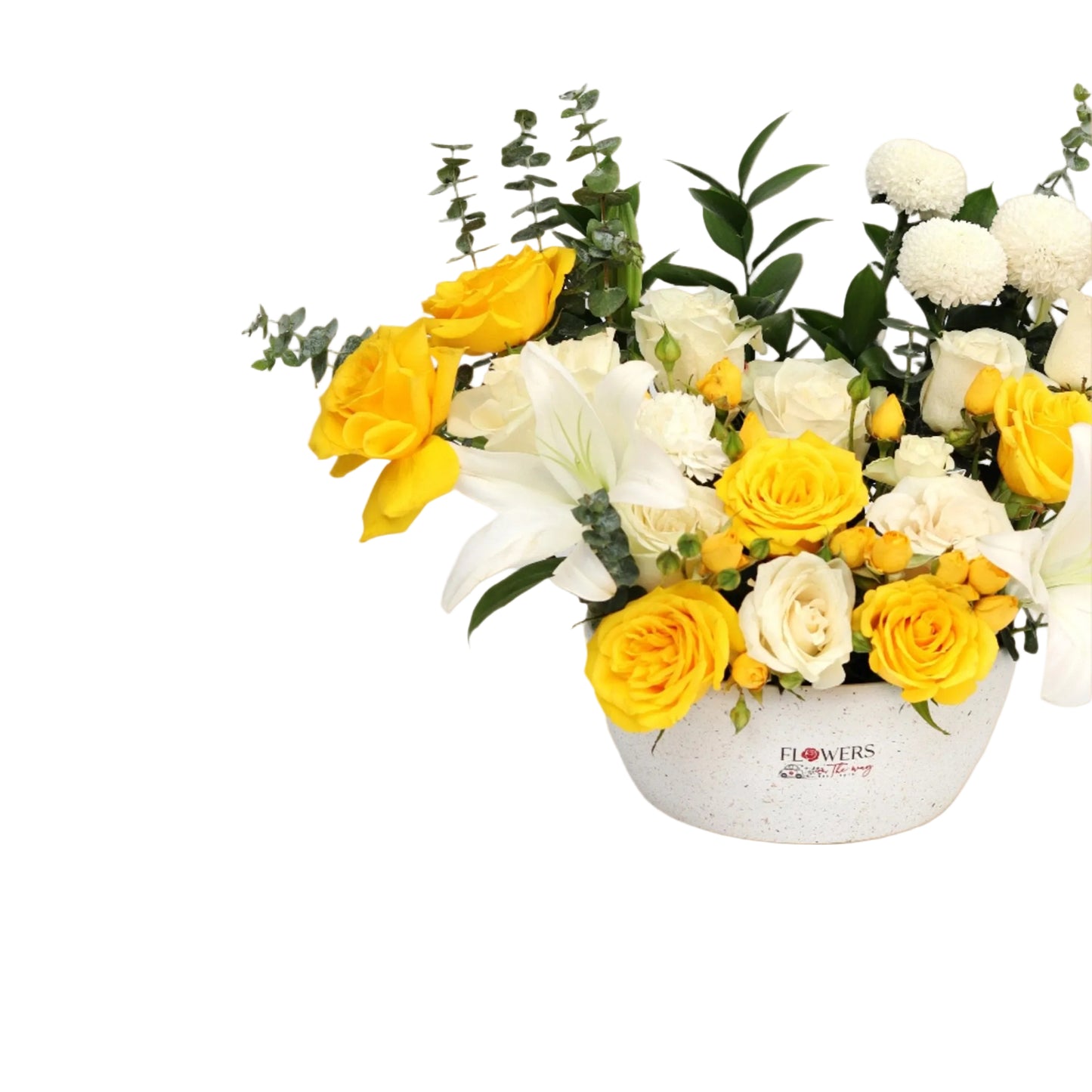 A luxurious white box featuring a harmonious mix of yellow roses, white roses, elegant lilies, and cheerful chrysanthemums. A bouquet of brightness and elegance, perfect for congratulations, heartfelt thanks, or simply brightening someone’s day.