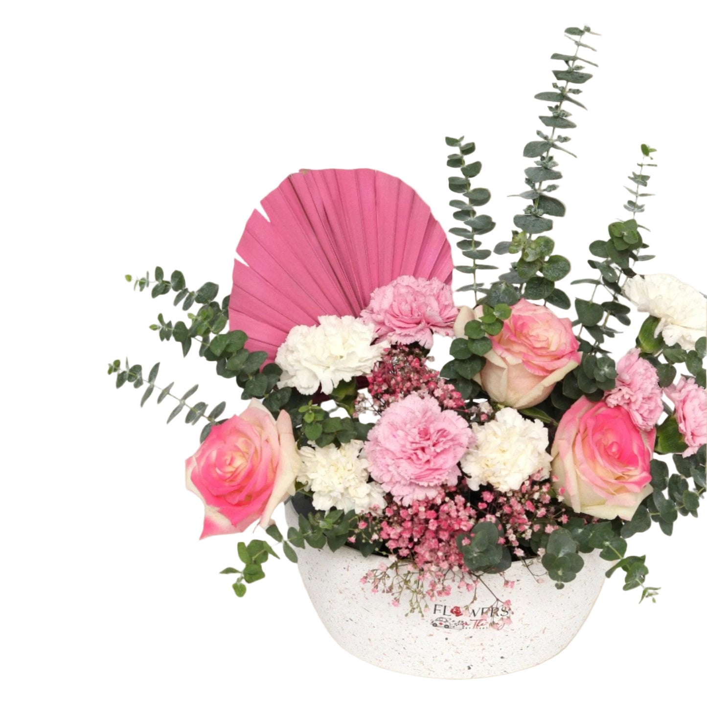 A soft and graceful arrangement featuring pink roses, pink carnations, and white carnations — blended in perfect harmony. Its gentle tones and elegant design make it an ideal gift for birthdays, thank-you moments, or simply to brighten someone's day.