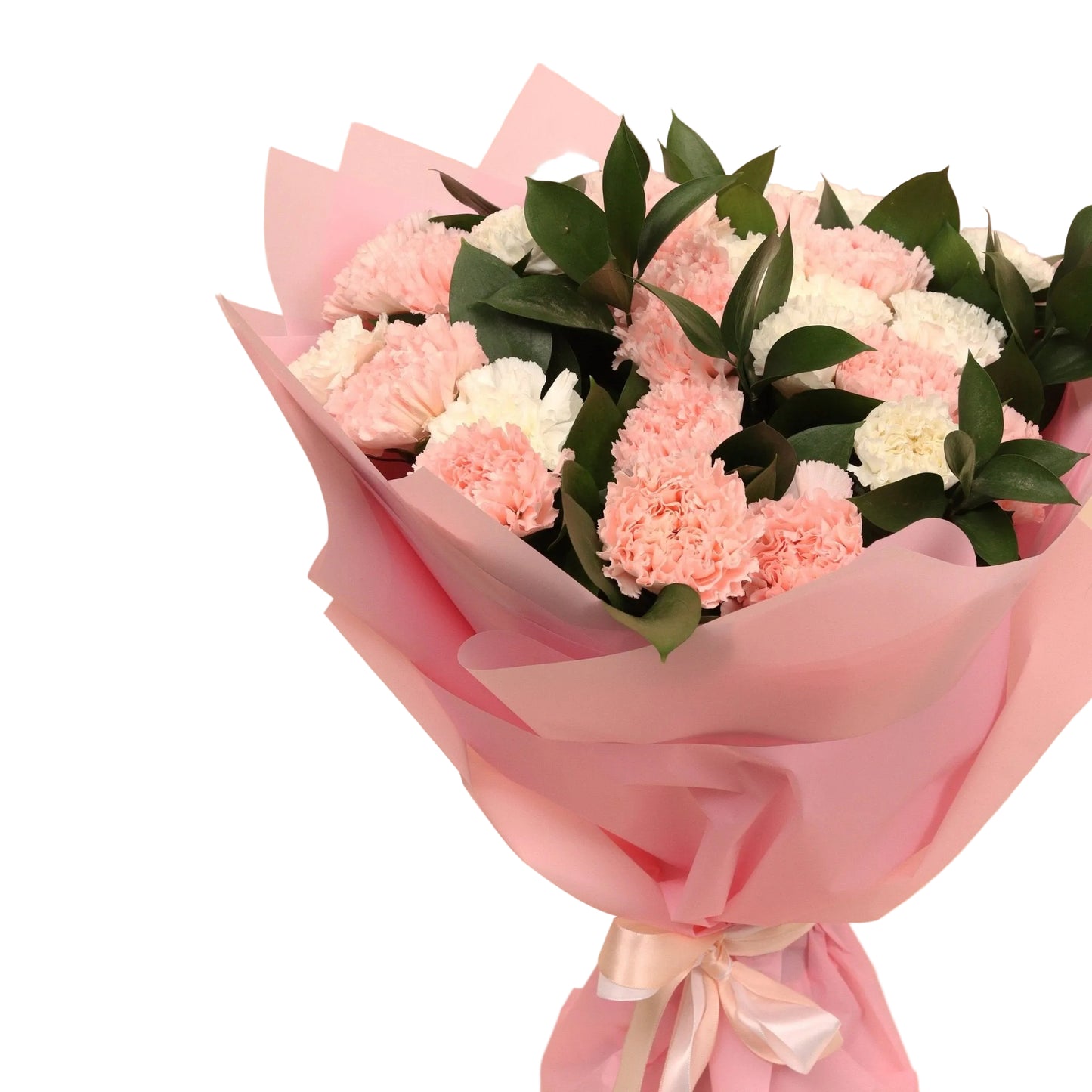 A delicate bouquet featuring white and pink carnations, beautifully arranged and wrapped in soft pink for an elegant, feminine touch. Perfect as a luxury flower gift for birthdays, graduations, or heartfelt surprises. Available for same-day delivery in Dubai, with premium quality and graceful design.