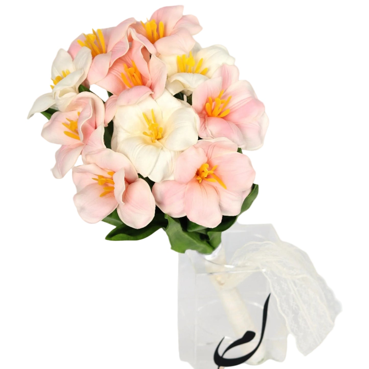 An elegant bridal bouquet of white and peach tulips, delicately arranged to reflect purity, softness, and understated luxury. The perfect choice for a bride who dreams of a timeless and graceful floral accent on her wedding day.