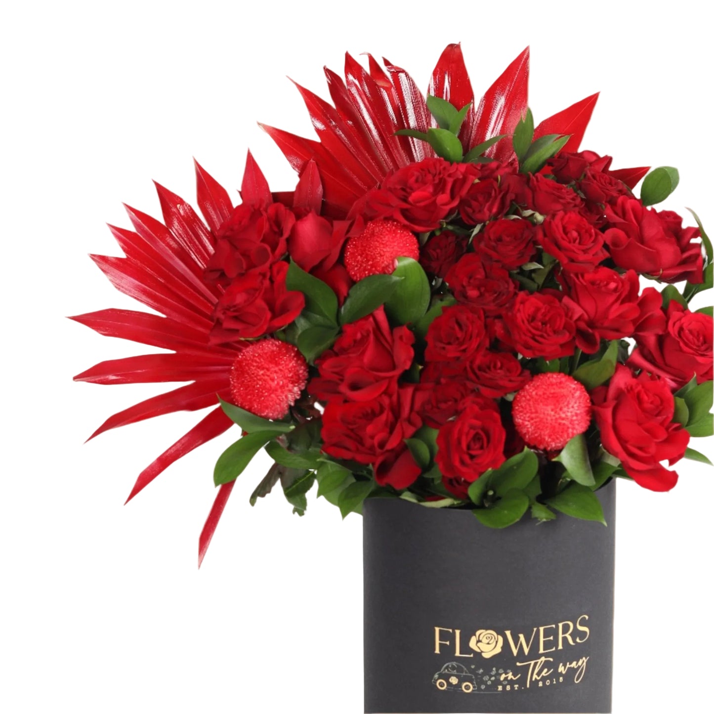 A luxurious arrangement in a sleek black box, featuring classic red roses, red baby spray roses, and deep red chrysanthemums. Bold and romantic, it’s the perfect way to express love and passion on any special occasion