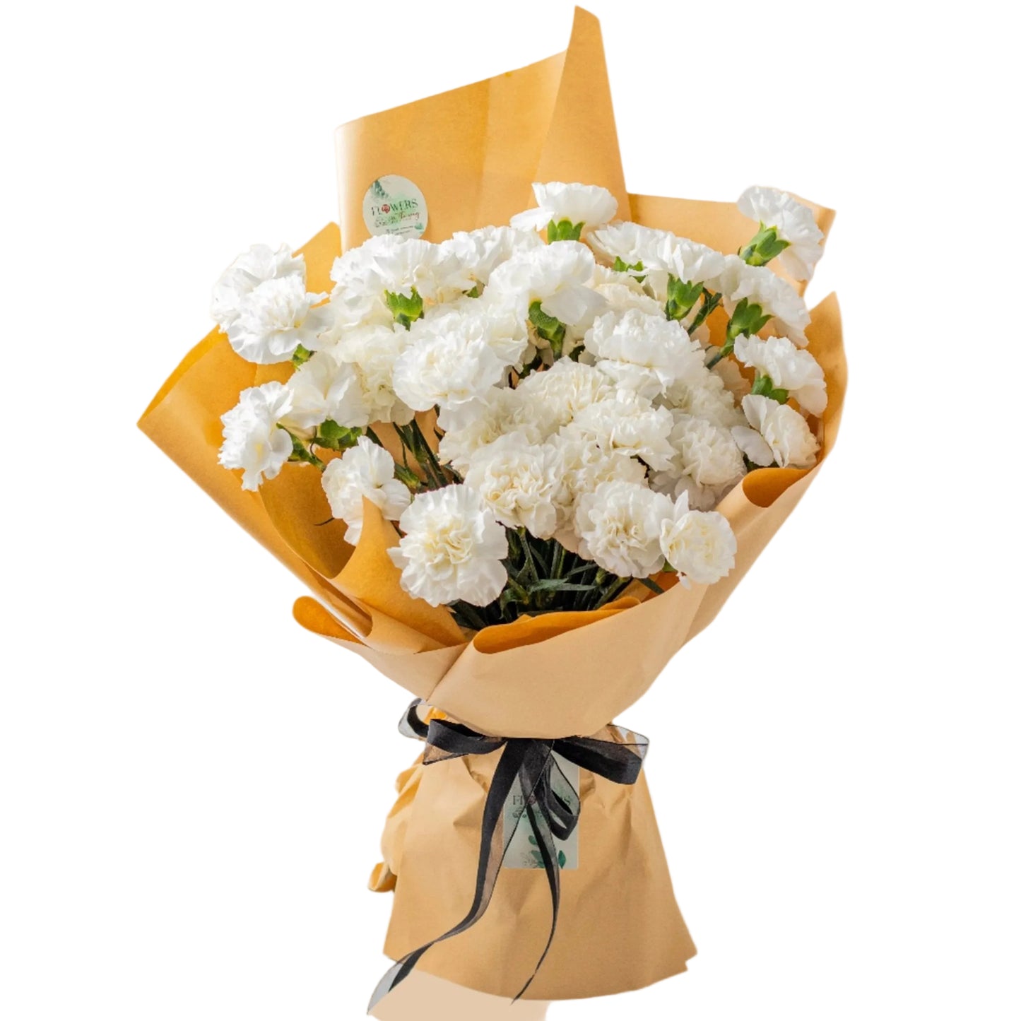 Graceful simplicity wrapped in warmth — Warm Purity features fresh white carnations wrapped in elegant brown paper, highlighting their natural beauty. A bouquet that speaks of calm, appreciation, and timeless charm — perfect for thank-you gifts or serene moments. Available with fast flower delivery in Dubai.