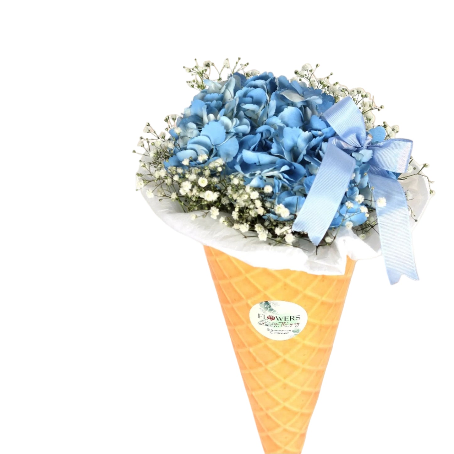 A creative bouquet of blue hydrangea wrapped in a playful ice cream cone style. A cheerful and modern floral gift that blends elegance with fun — perfect for birthdays, surprises, or simply spreading joy in a unique way.