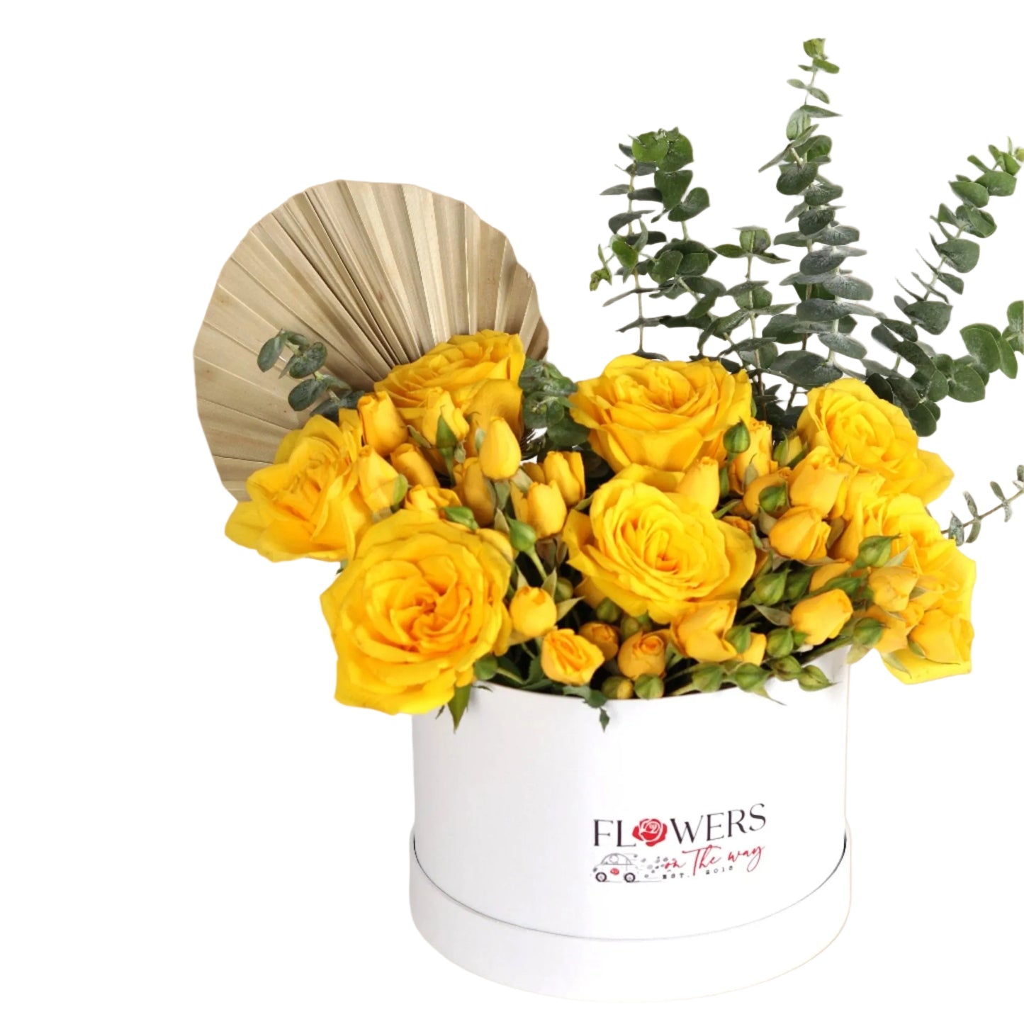 A refined white box filled with vibrant yellow roses and cheerful yellow baby spray roses — hand-arranged to radiate positivity and warmth. This bright floral design is perfect for congratulations, uplifting gifts, or sunny morning surprises.
