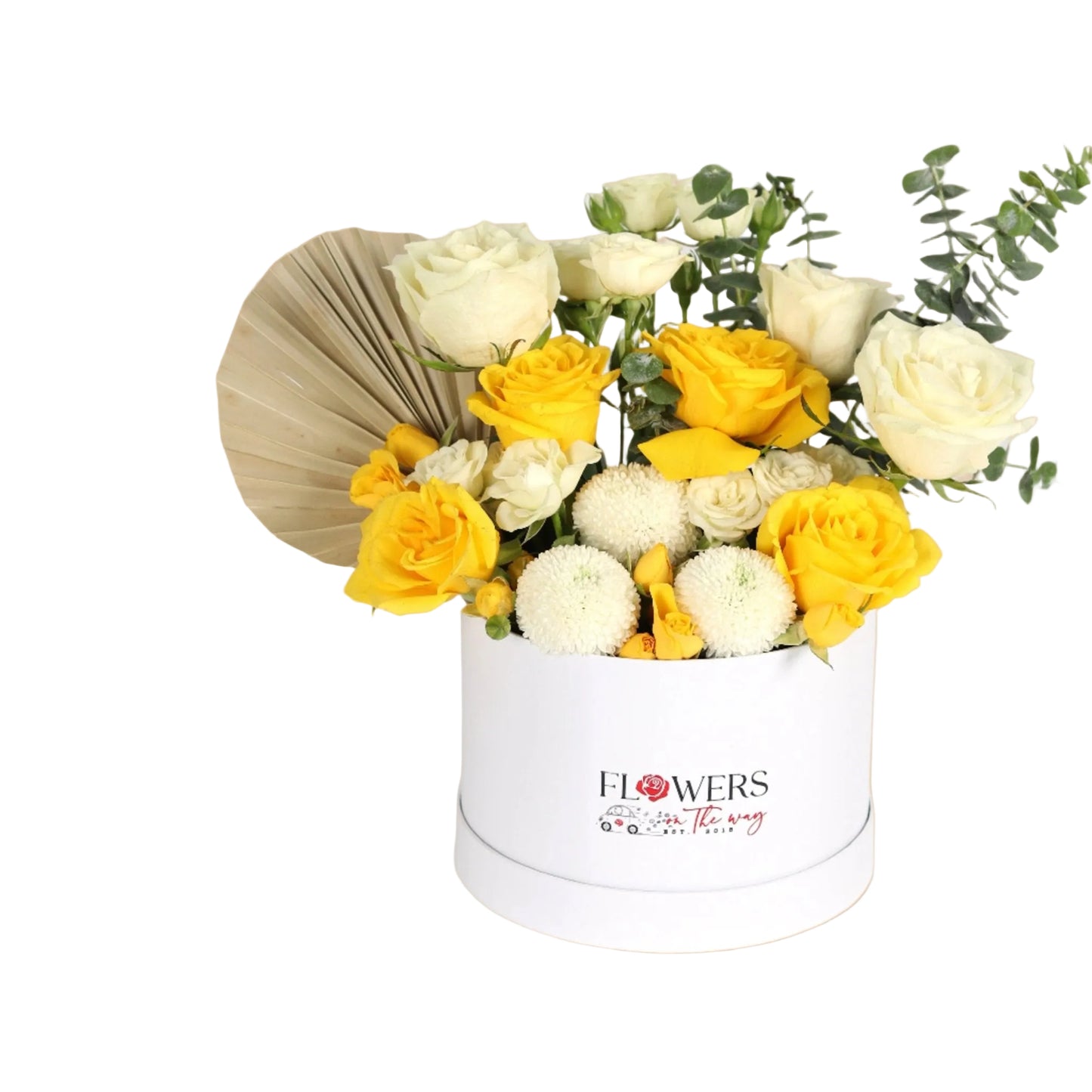 A sophisticated white box featuring a bright blend of yellow roses, white roses, white baby roses, and delicate chrysanthemums. A harmonious arrangement that radiates warmth and elegance — perfect for thank-you gestures, celebrations, or simply brightening someone’s day.