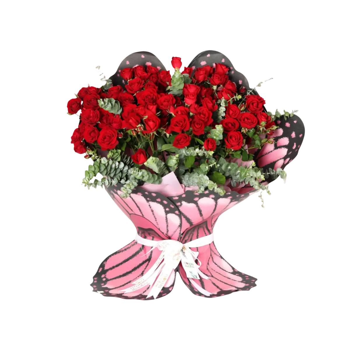 An elegant butterfly-shaped bouquet crafted with vibrant red baby roses, symbolizing love, passion, and charm. This unique floral design is perfect for romantic gifts, Valentine’s Day, or any occasion that deserves a bold and graceful statement.