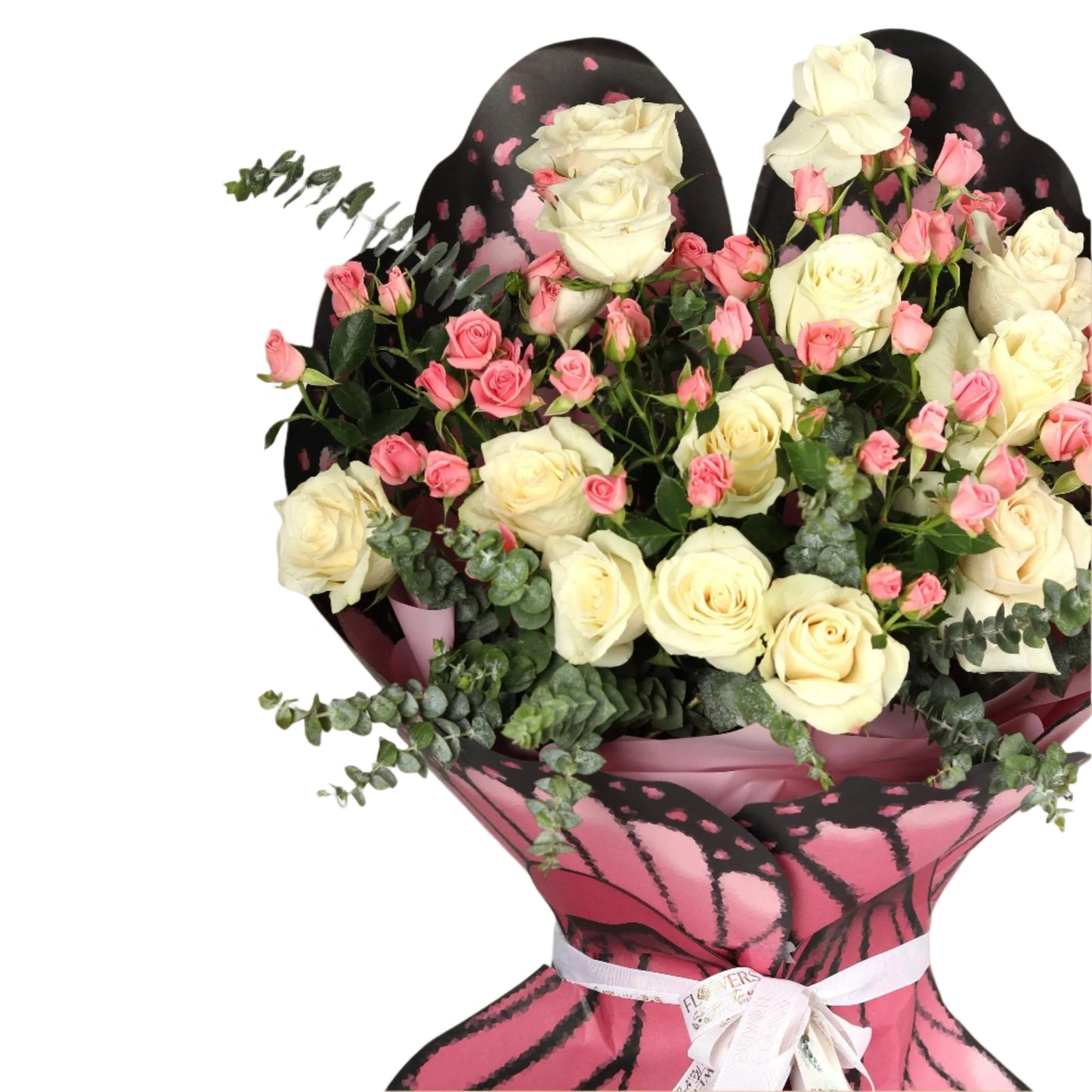 A beautifully crafted butterfly-shaped bouquet featuring pure white roses and soft pink baby spray roses — combining tenderness, elegance, and feminine charm. Perfect for birthdays, baby showers, or graceful celebrations.