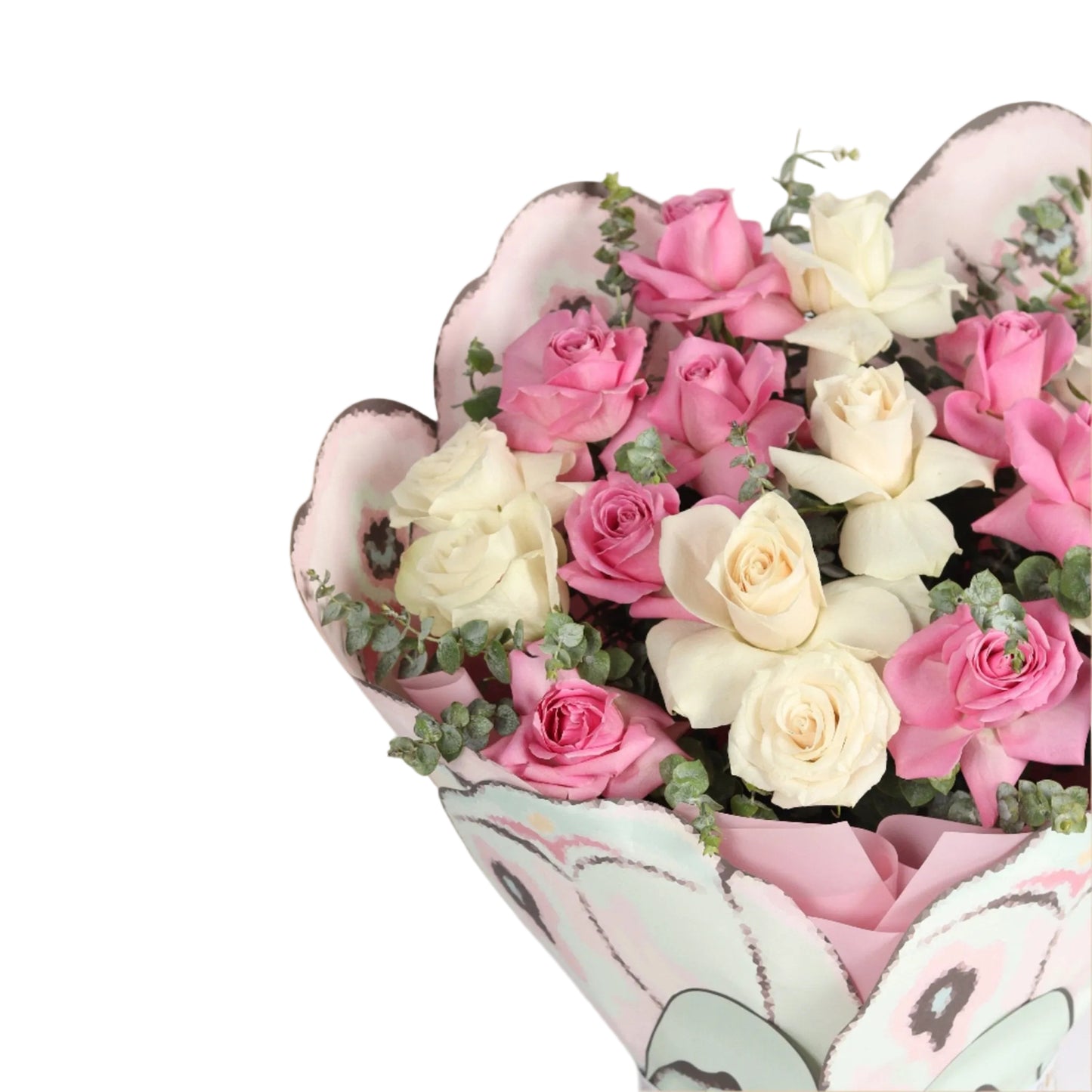 A beautifully designed butterfly-shaped bouquet crafted with fresh white and pink roses. This delicate floral piece symbolizes purity and tenderness — a perfect gift for birthdays, baby showers, or adding a dreamy feminine touch to any occasion.