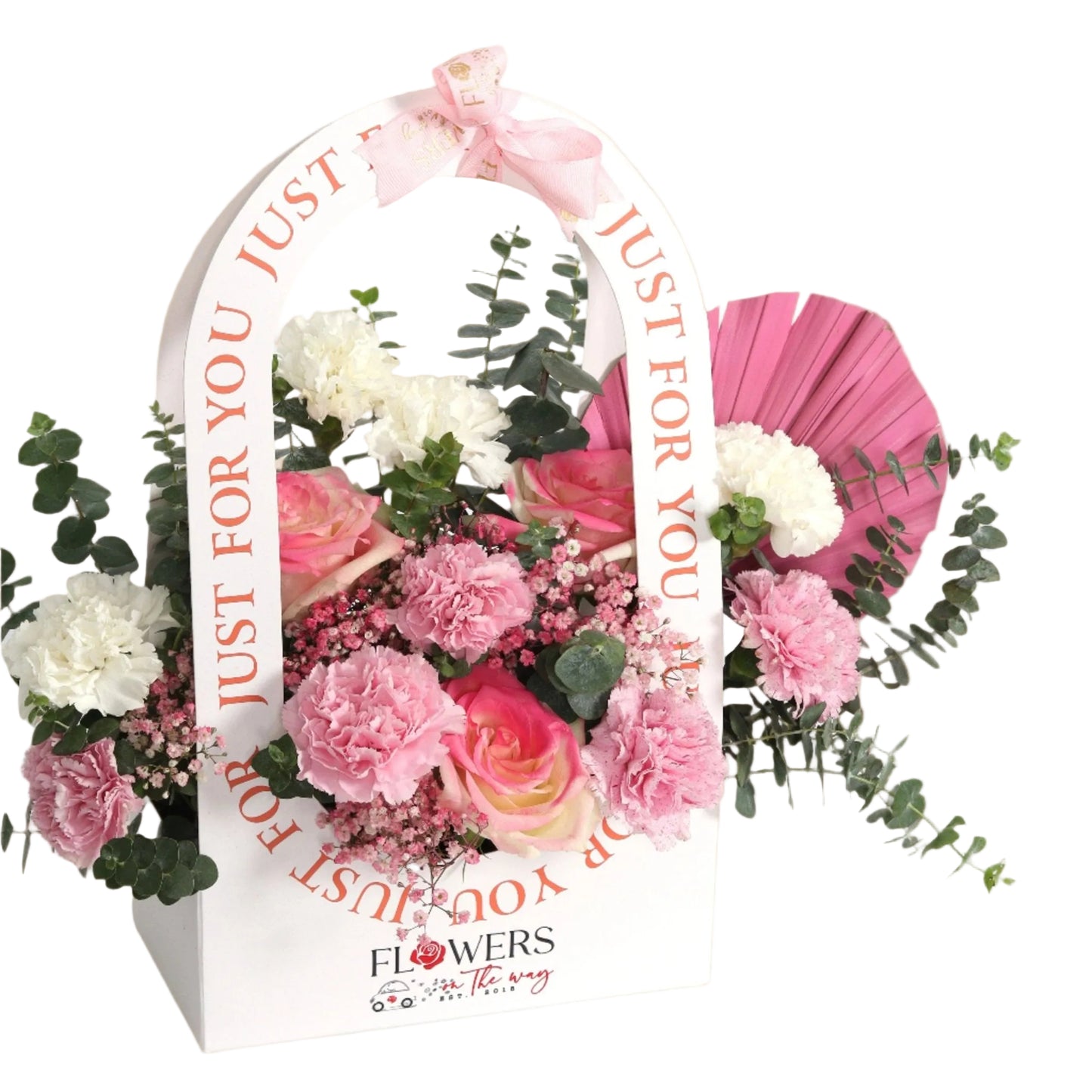An elegant purse-shaped box featuring a refined blend of white and pink roses, soft pink carnations, and delicate blush-toned accessories. This charming arrangement radiates femininity and grace — a perfect gift for birthdays, celebrations, or welcoming a baby girl.