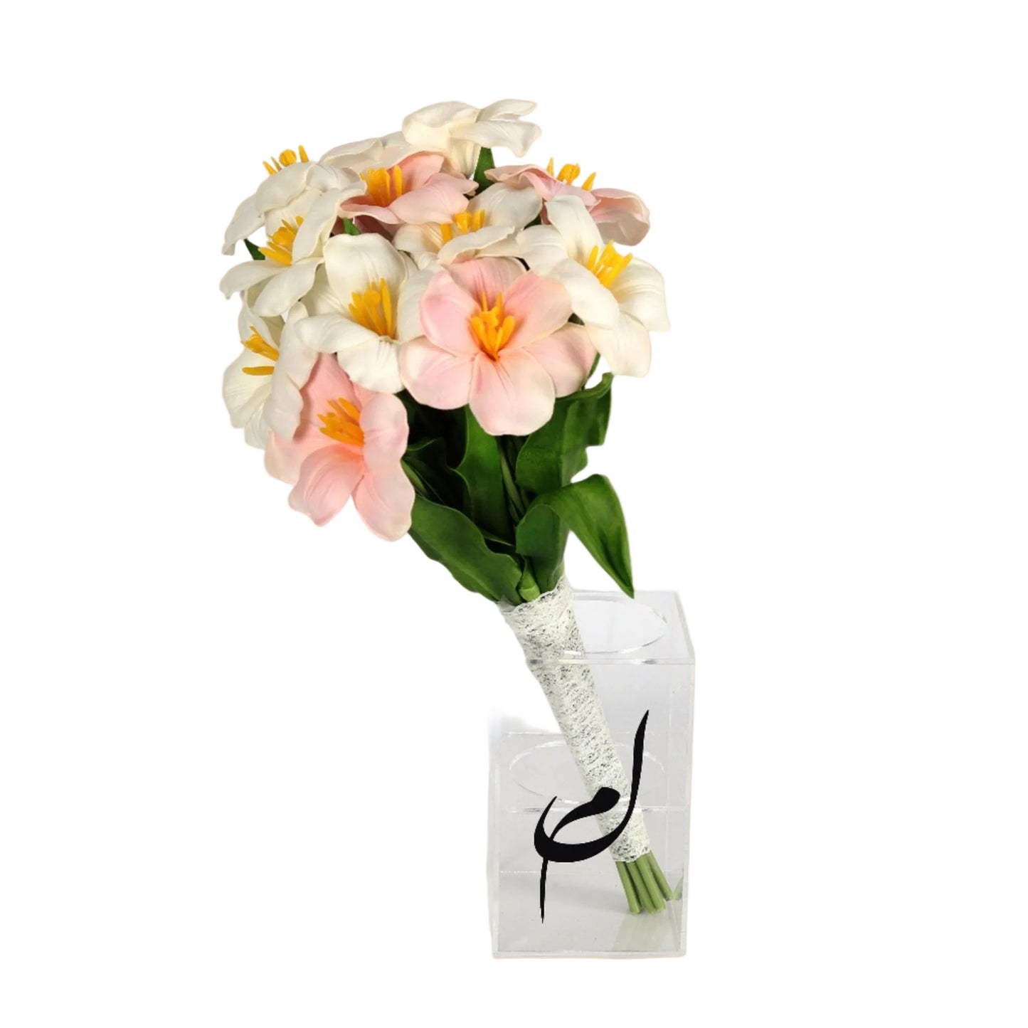 An elegant artificial bridal bouquet made of white and pink tulips, perfectly arranged to reflect the bride’s timeless beauty and soft femininity. A long-lasting floral accent for an unforgettable day