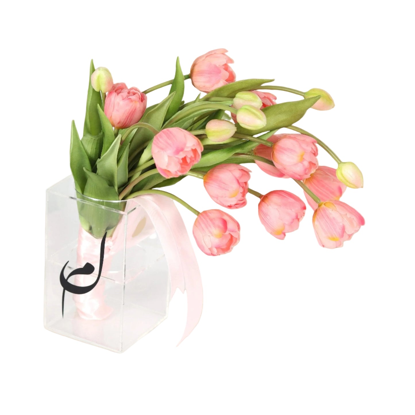 A luxurious cascading bridal bouquet featuring soft pink tulips flowing in an elegant waterfall design. Perfect for the romantic bride who seeks a gentle, graceful floral statement on her unforgettable day.