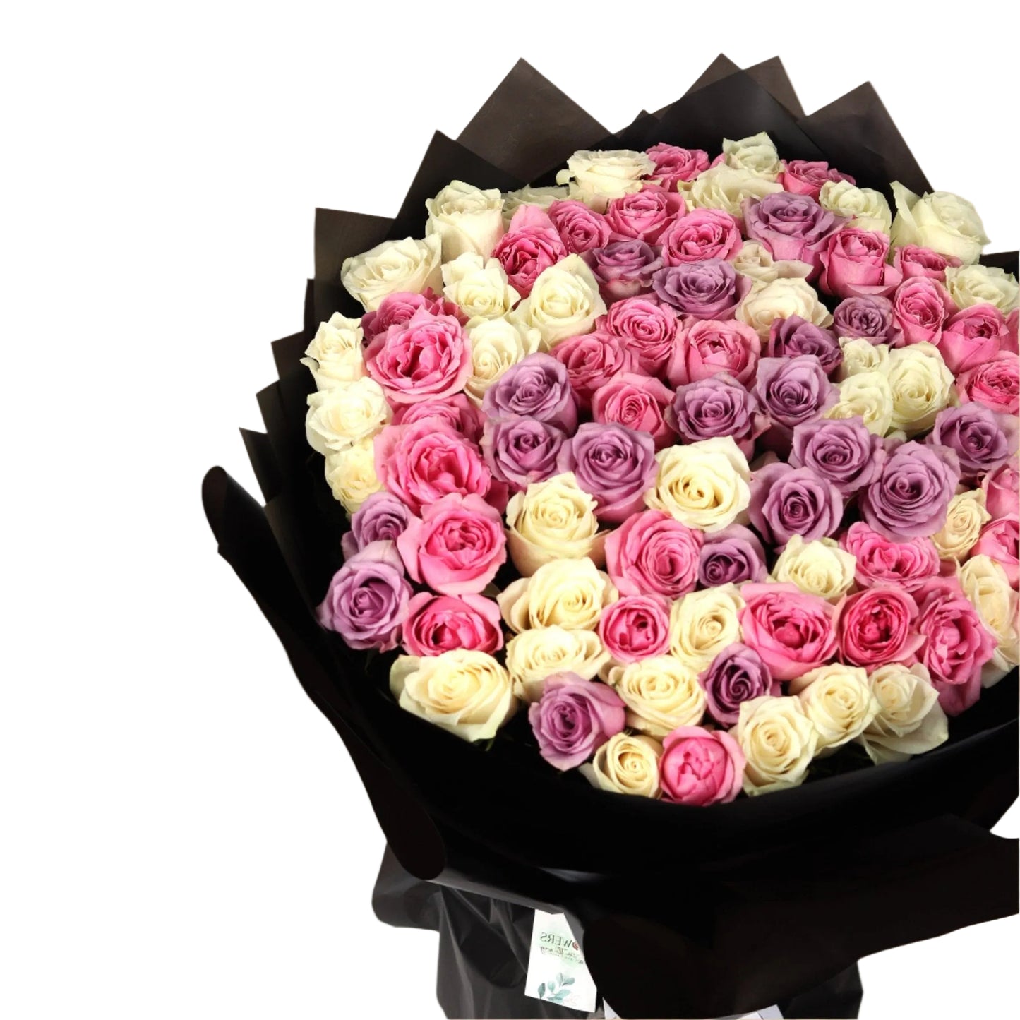 A luxurious bouquet of 100 fresh roses in elegant tones of white, pink, and purple — carefully hand-arranged in bold black wrapping. This striking color combination creates a look of refined beauty, perfect for romantic occasions, anniversaries, or upscale floral gifting.