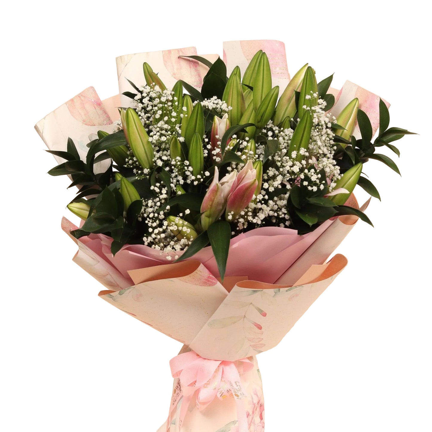 Love Blossom is a breathtaking expression of elegance and femininity. Featuring vibrant pink lilies — with their trumpet-shaped blooms and delicate scent — paired with the airy beauty of white Gypsophila, this bouquet is a graceful tribute to admiration and refined charm.
A poetic floral statement — designed for moments that call for beauty, grace, and heartfelt appreciation.
