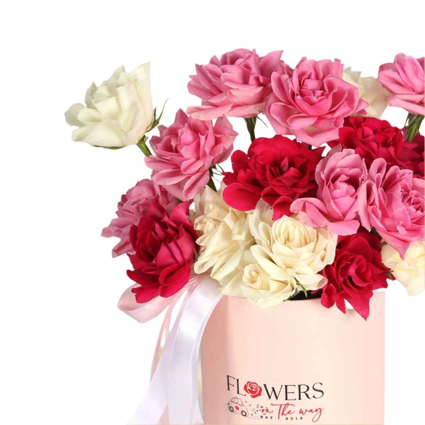 A luxurious flower arrangement in a sleek white box, featuring a graceful mix of white, pink, and fuchsia roses. This vibrant yet elegant combination makes it a perfect gift for birthdays, thank-yous, or any special moment.