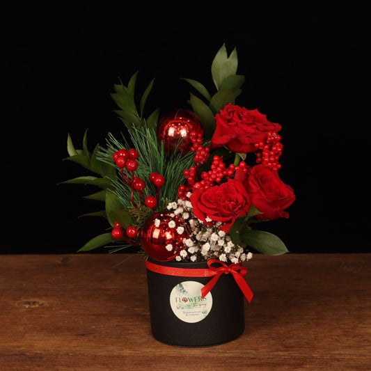 Winter Sparkle Mini - close-up of red roses and red ornaments, Christmas flower box Dubai