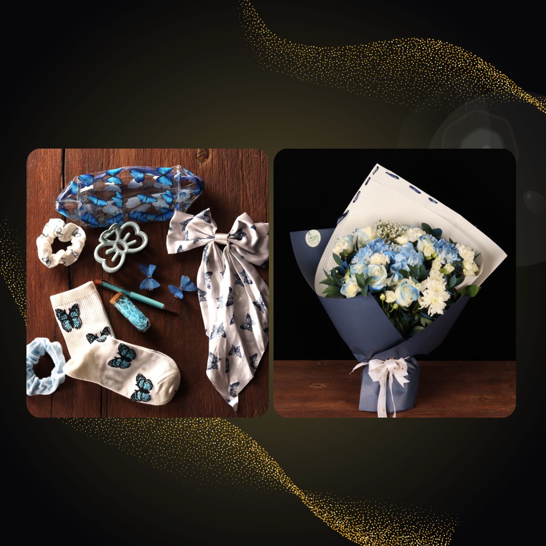 Blue and white bouquet paired with a coordinated balloon set for delivery in Dubai