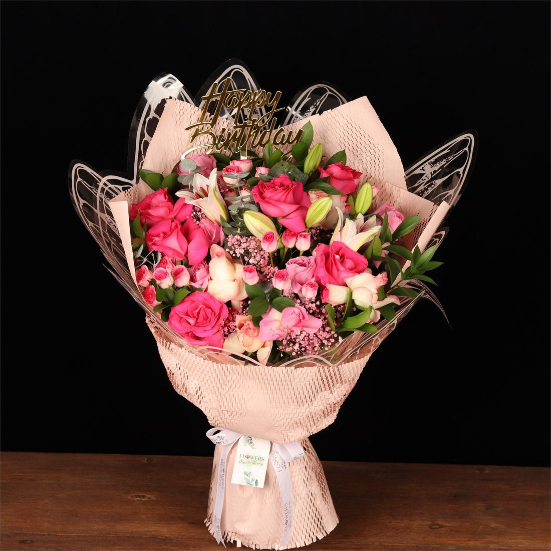 Butterfly birthday bouquet in bright mixed colours, delivered across Dubai