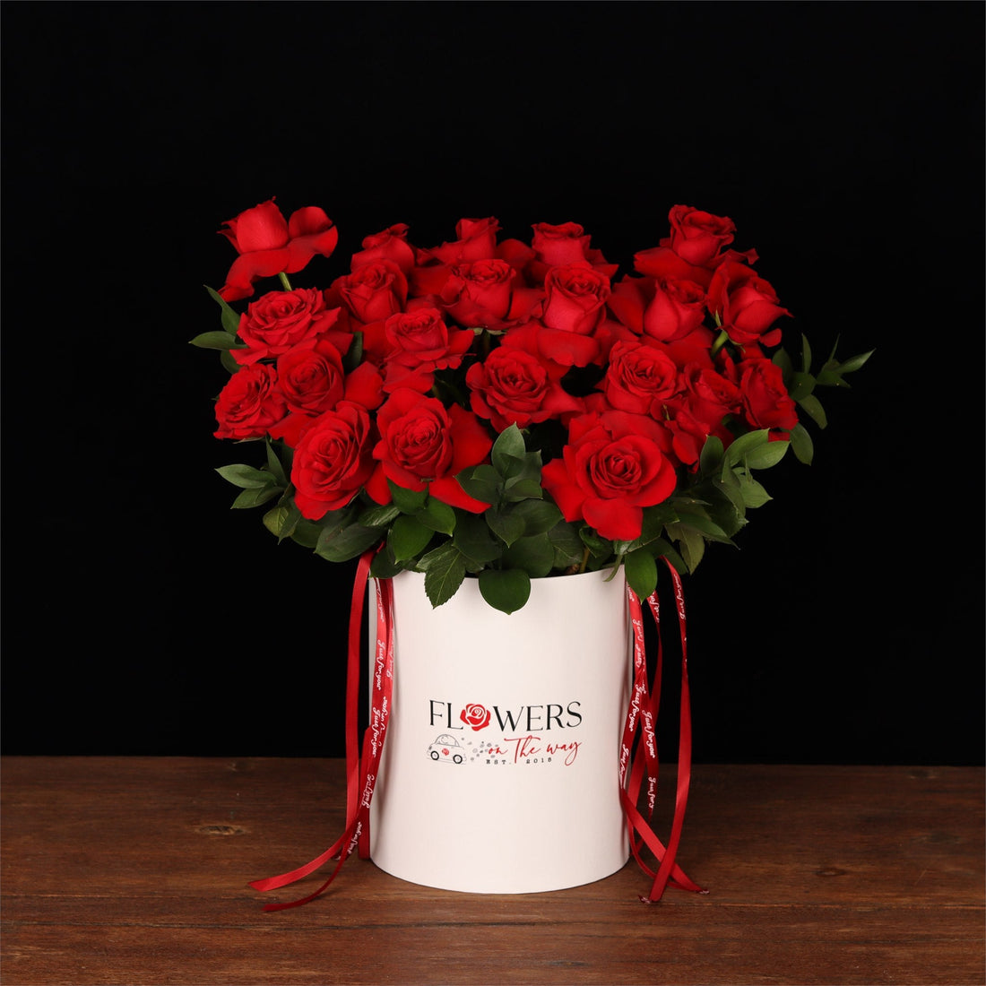 Signature red rose box, an example of the upper end of the Dubai flower price range