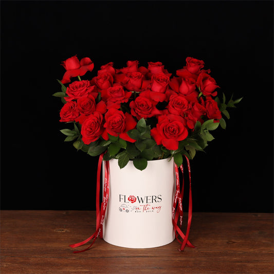 Signature red rose box, an example of the upper end of the Dubai flower price range