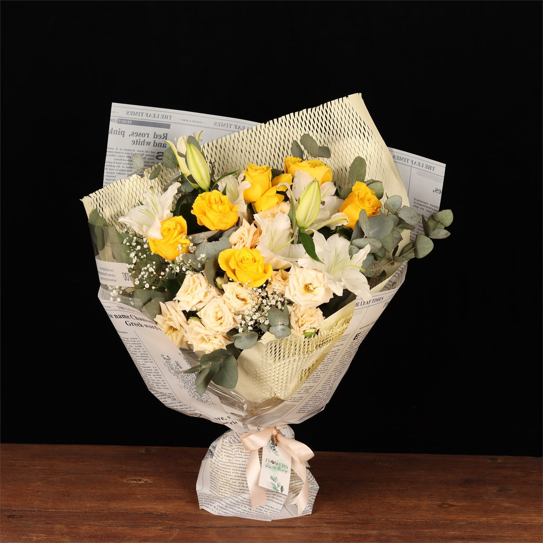 Yellow and white lily bouquet, suited to birthdays, thank-yous and get-well gifts